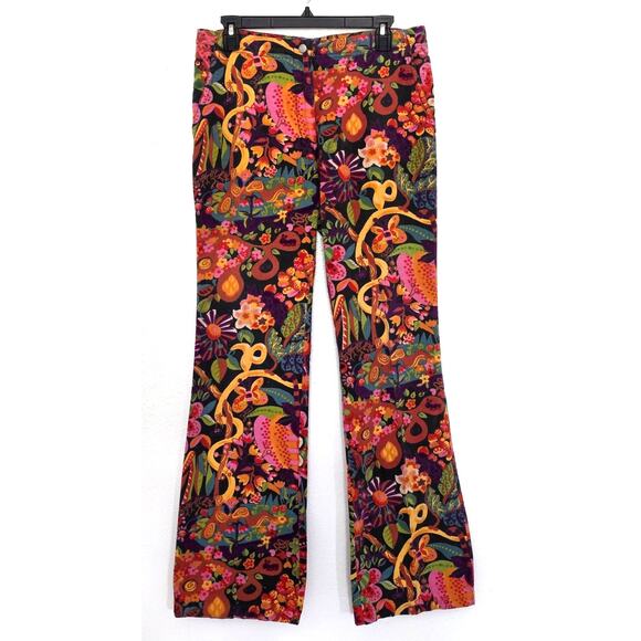 Oilily Multicolor Floral Print Velour Flared Retro Boho Pants 70s Y2K Size 8/38 - Picture 1 of 14